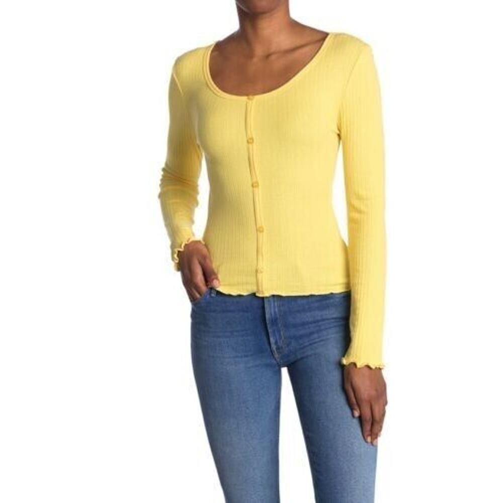 Abound Women's Button Front Long‎ Sleeve Pointelle Knit Top Yellow Bamboo 2XS